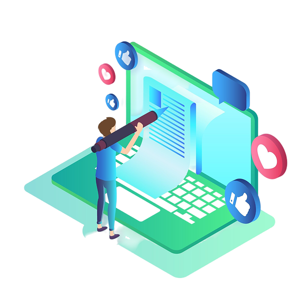 Illustration of isometric blogging concept with people working on digital content